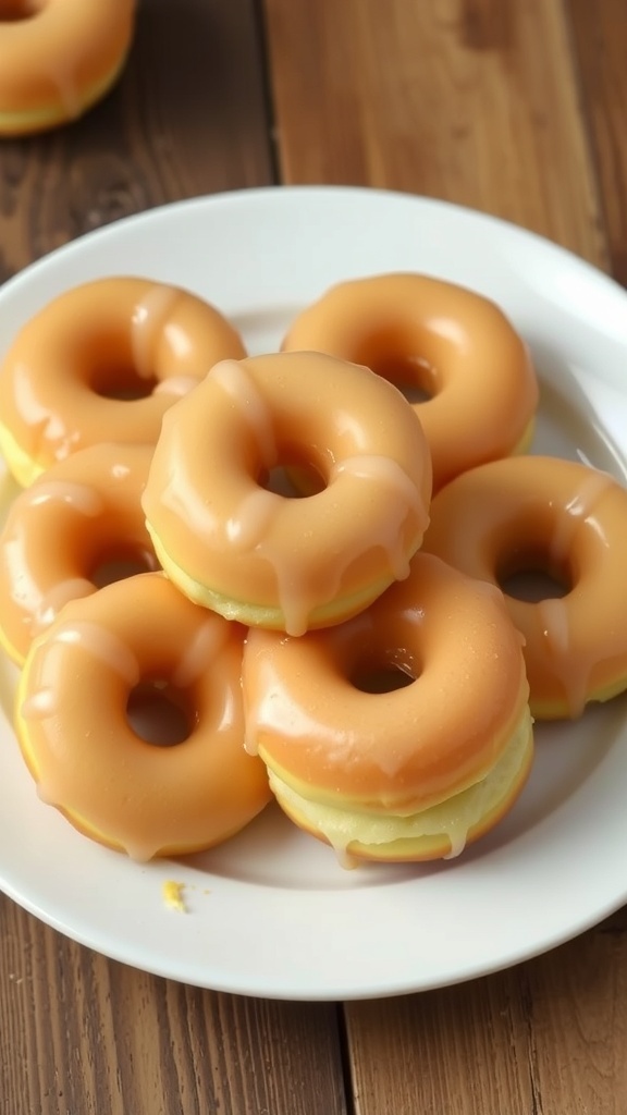 A plate of classic glazed donuts with a shiny surface, arranged on a rustic wooden table.